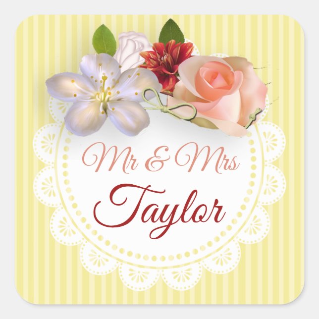 Mr & Mrs Stickers Yellow and Coral Floral Rose (Front)
