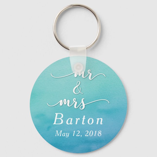 "Mr & Mrs" Teal & Blue Wedding with Date Key Ring (Front)