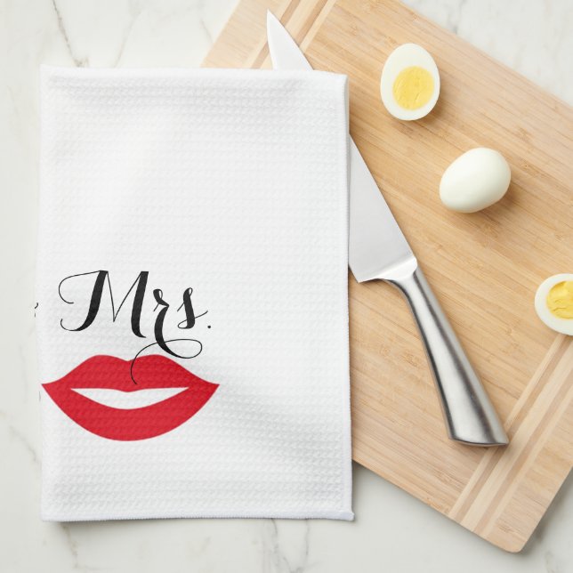 Mr & Mrs To Be Moustache & Lips Party Hostess Tea Towel (Quarter Fold)