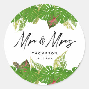 Mr. & Mrs. Tropical Leaves Script Wedding  Classic Round Sticker