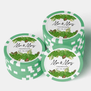 Mr. & Mrs. Tropical Leaves Script Wedding Favour Poker Chips
