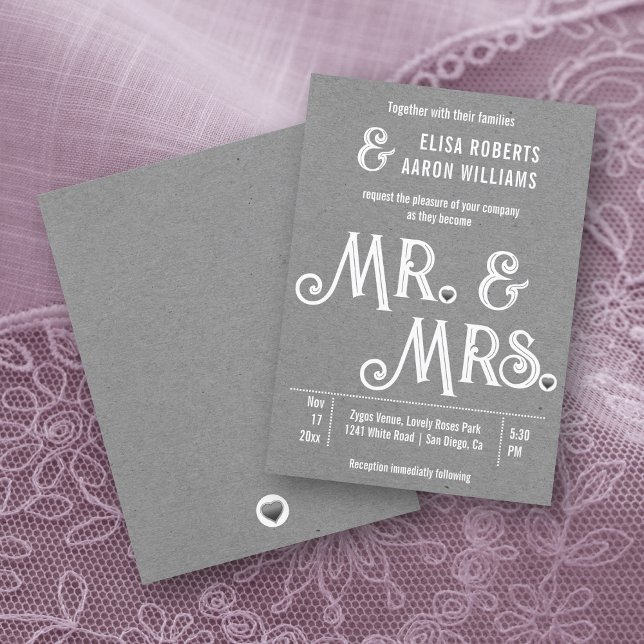 Mr. & Mrs. typography grey kraft paper wedding Invitation (Creator Uploaded)