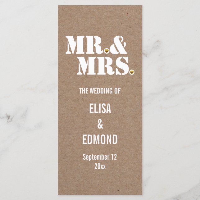 Mr. & Mrs. typography kraft paper wedding program (Front)