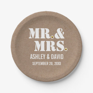 Mr. & Mrs. typography rustic kraft wedding Paper Plate
