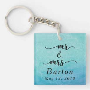 Mr & Mrs Typography Teal & Blue Mandala Wedding Key Ring