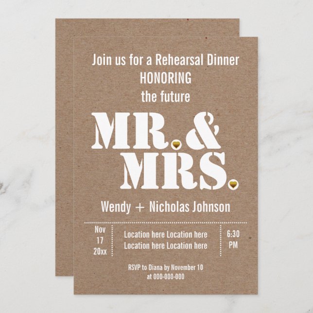 Mr & Mrs typography wedding rehearsal dinner Invitation (Front/Back)
