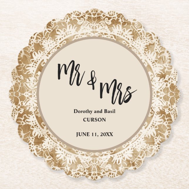 Mr & Mrs Vintage Lace Doily Wedding  Paper Coaster (Front)