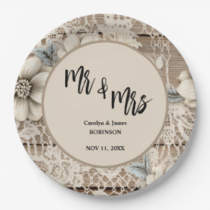 Mr & Mrs Vintage Lace Rustic Wedding Paper Plate