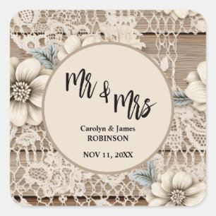 Mr & Mrs Vintage Lace Rustic Wedding Square Sticker
