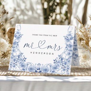 Mr & Mrs Watercolor Dusty Blue Floral Wedding Thank You Card