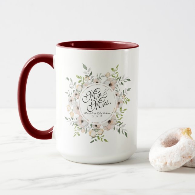 Mr. & Mrs. Watercolor Wedding Combo Mug (With Donut)