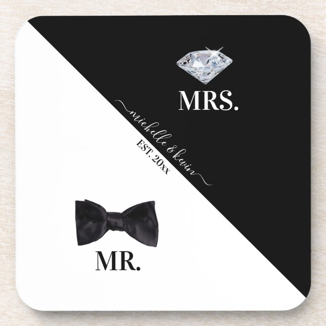 Mr. & Mrs. Wedding Black & White Coaster (Front)