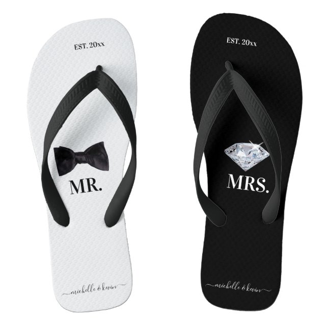 Mr. & Mrs. Wedding Black & White Thongs (Footbed)
