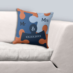 Mr & Mrs Wedding Date Blue & Orange Puzzle Pieces Cushion