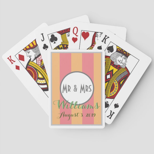 MR & MRS, WEDDING Date, MELON  & MANGO stripes, Playing Cards (Back)