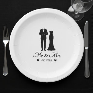 Mr & Mrs Wedding Dress Tuxedo Newlywed Couple Paper Plate