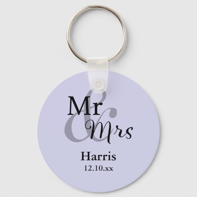 Mr & Mrs Wedding Favour Keyring Name/Date (lilac) (Front)