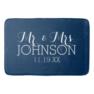 Mr & Mrs Wedding Favour Solid Colour Navy Blue Bath Mat