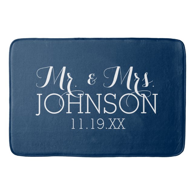 Mr & Mrs Wedding Favour Solid Colour Navy Blue Bath Mat (Front)