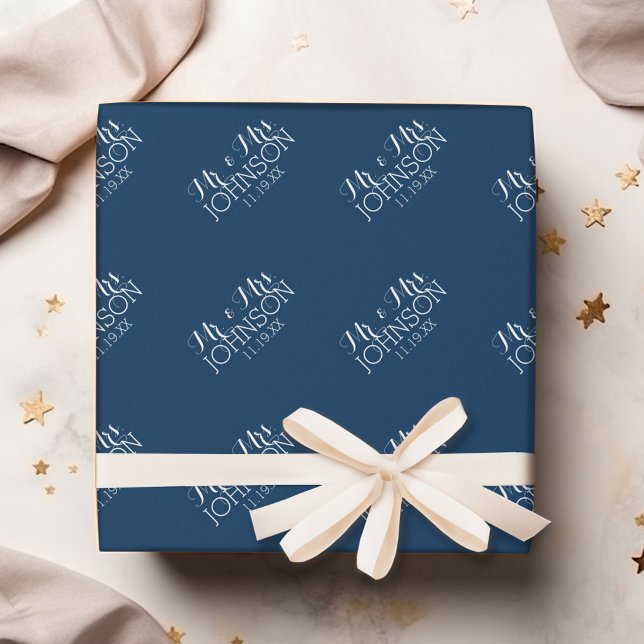 Mr & Mrs Wedding Favour Solid Colour Navy Blue Wrapping Paper (Personalized Wedding Anniversary Wrapping Paper)