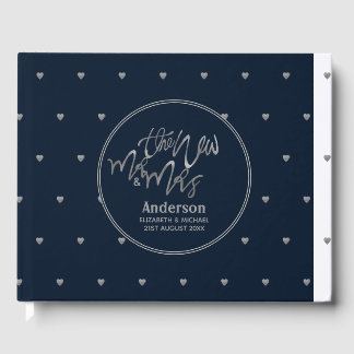 Mr & Mrs Wedding Navy Blue Silver Love Hearts Guest Book