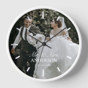Mr & Mrs Wedding Photo Personalised Round Clock 