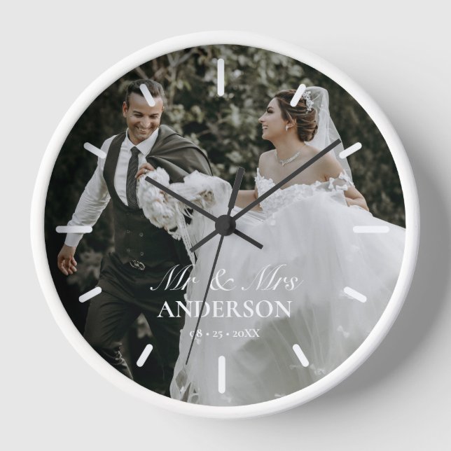 Mr & Mrs Wedding Photo Personalised Round Clock  (Front)