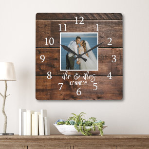 Mr & Mrs Wedding Photo Rustic Farmhouse Dark Wood  Square Wall Clock