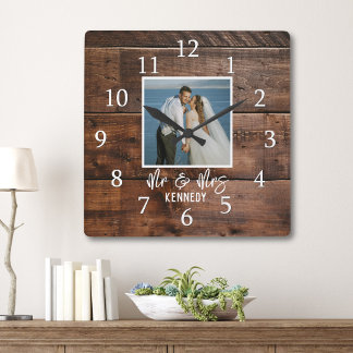 Mr & Mrs Wedding Photo Rustic Farmhouse Dark Wood  Square Wall Clock
