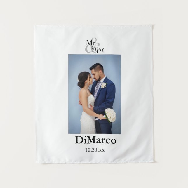 Mr & Mrs Wedding Photo with Name & Date Tapestry (Front)