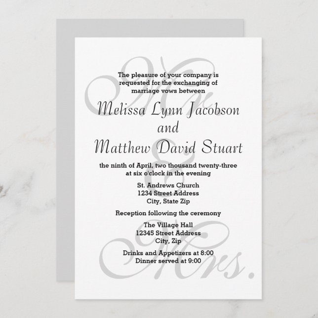 Mr. & Mrs. - Wedding & Reception Invitation (Front/Back)
