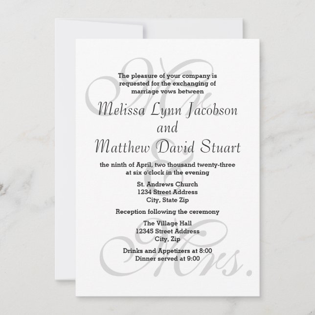 Mr. & Mrs. - Wedding & Reception Invitation (Front)