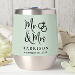 Mr Mrs Wedding Sage Green<br><div class="desc">Custom sage green thermal tumbler to celebrate your wedding and anniversary featuring "Mr & Mrs" written in a large elegant script and an illustration of two wedding rings joined together. Add your name and wedding date in simple elegant typography. You can change the sage green background colour if desired by...</div>