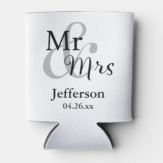 Mr & Mrs Wedding with Name & Date Can Cooler (Front)