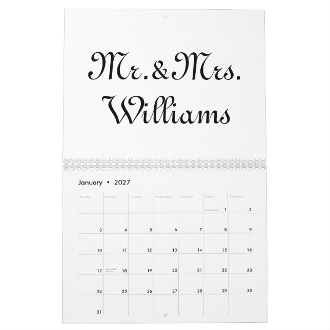 Mr. & Mrs. white black custom script name elegant Calendar (Jan 2027)