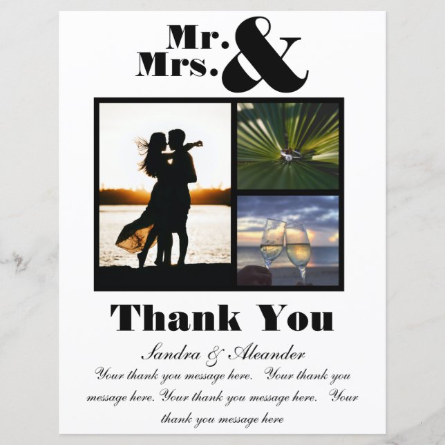 Mr Mrs White Black Thank You Card  photo Wedding (Front)