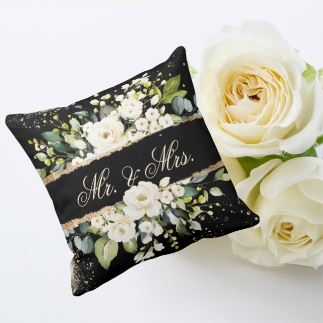 Mr & Mrs White Gold Botanical Floral Black Rustic  Cushion (Creator Uploaded)