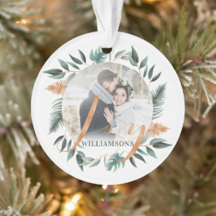 Mr & Mrs   Winter Sage Greenery & Copper Two Photo Ornament