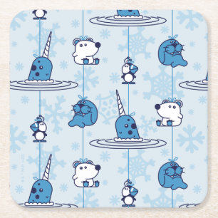 Mr. Narwhal Blue Snowflake Pattern Square Paper Coaster