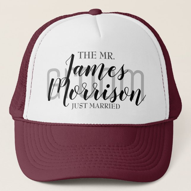 Mr. Newlywed Maroon Elegant Wedding Baseball Hat (Front)