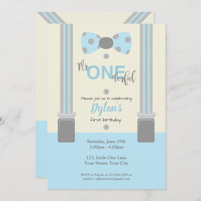 Mr One derful baby blue and grey Invitation (Front/Back)