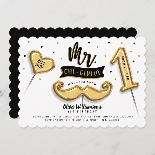 Mr One derful Gold Foil Balloon 1st Birthday Photo Invitation (Front/Back)