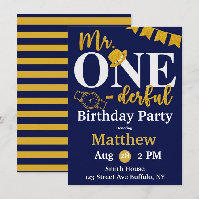 Mr. One-derful Navy and Gold Birthday Party Invita Invitation (Front/Back)