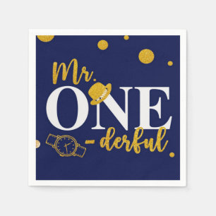 Mr. One-derful Navy Blue and Gold Birthday Party Napkin