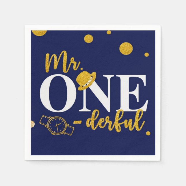 Mr. One-derful Navy Blue and Gold Birthday Party Napkin (Front)