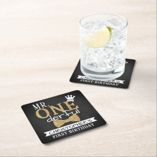 Mr. ONEderful 1st Birthday Party Square Paper Coaster