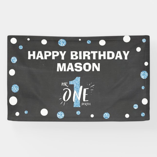 Mr Onederful Birthday Banner Boy Black Blue (Horizontal)