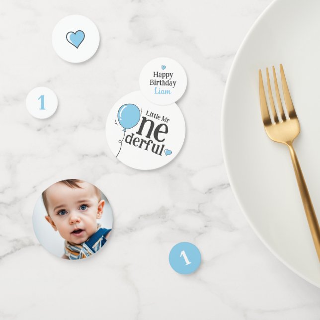 Mr Onederful Birthday Blue Custom Photo Confetti (Group)