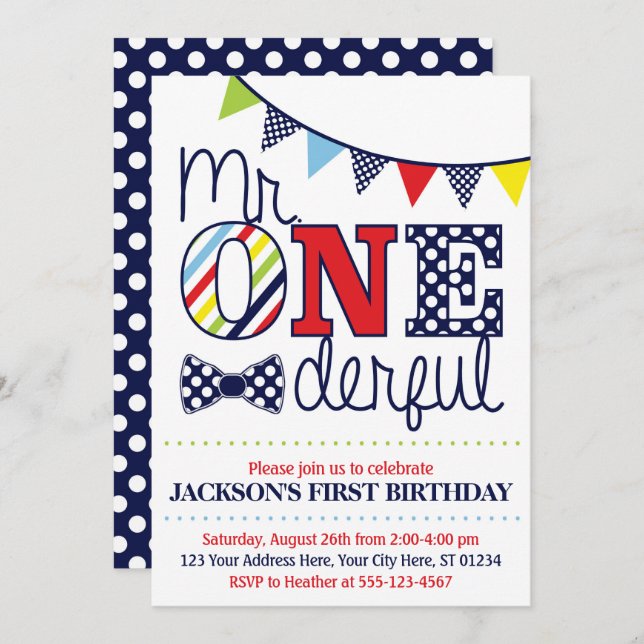 Mr. ONEderful Birthday Invitation (Front/Back)