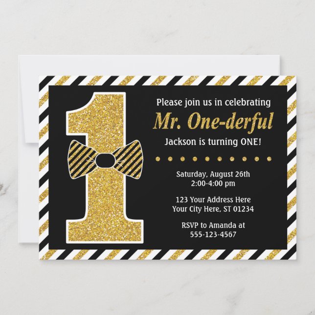 Mr. ONEderful Birthday Invitation • Black and Gold (Front)